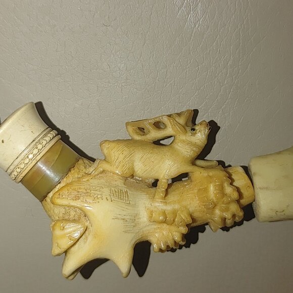 Antique Agate Bead Necklace Carved Antler Pendant Deer Elk Artisan Craft Rustic - Picture 3 of 16